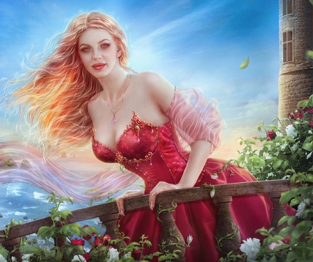 Princess Aurora - summer, blonde, frumusete, tatyanache, fantasy, wind, aurora, red, princess, luminos