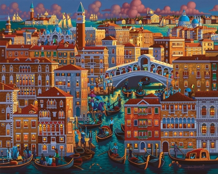 Venice - venice, buildings, painting, art, blue, city, eric dowdle, orange, picutra, bridge