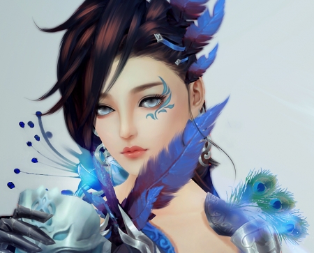 Beauty - blue, girl, feather, fantasy, peacock, princess, face, asian, luminos