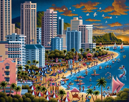 Waikiki - summer, blue, beach, waikiki, hawaii, pictura, eric dowdle, painting, art