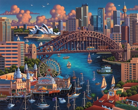 Sydney - painting, art, blue, eric dowdle, pictura, australia, bridge, sydney