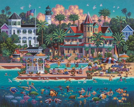 Key West - beach, water, summer, painting, art, blue, key west, pictura, city, eric dowdle, sea