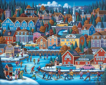 American Hockey - painting, iarna, blue, winter, pictura, eric dowdle, american hockey