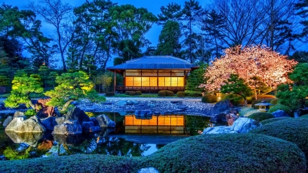 Japanese Garden - flowers, house, trees, nature, pond, garden, lake, japanese