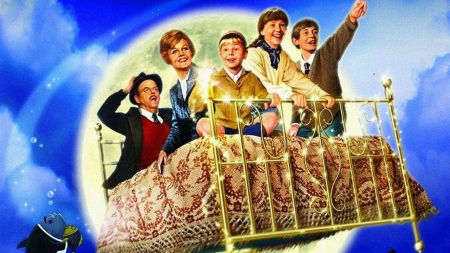 bedknobs and broomsticks - witch, bed, girl, man, broomsticks, bedknobs