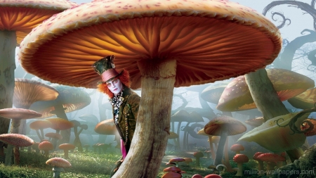 alice in wonderland - wonderland, mushroom, mad, grass, hatter, alice