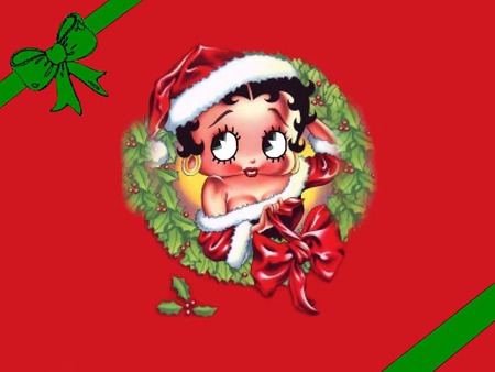 Betty Claus - wreath, red, green, holly, betty boop, ribbons