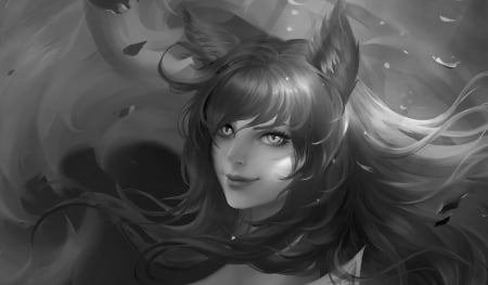 Ahri - black, chuby mi, game, bw, girl, fox, white, ahri, fantasy, league of legends, luminos