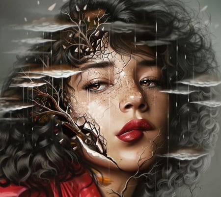 Autumn - cloud, yasar vurdem, face, red, portrait, rain, girl, art, fantasy, lips, luminos, autumn, freckles