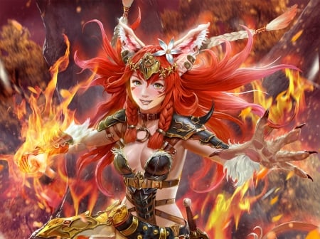 Furry ear girl - fox, redhead, girl, luminos, orange, fire, fantasy, jin hong park