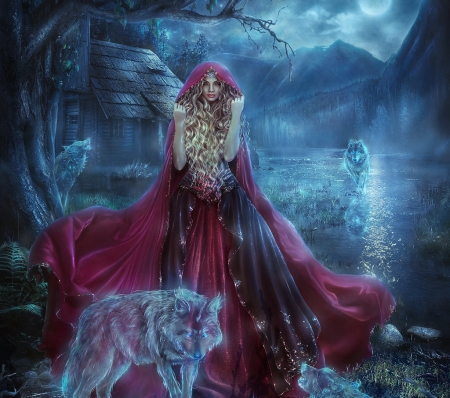 Red Riding Hood - moon, spirit, blue, wolf, girl, night, tatyanache, lup, fantasy, red riding hood, luminos, luna