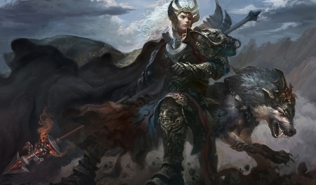 Warrior - warrior, wolf, fantasy, lup, sun hao, luminos, man, art