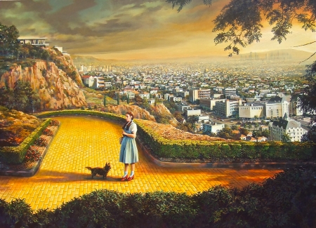 Somewhere over the rainbow - caine, dorothy, john forrest, oz, yellow, girl, toto, art, fantasy, pictura, painitng, luminos, wizard, dog