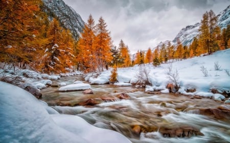 End of autumn - autumn, hills, mountain, stream, winter, creek, fall, river, beautiful, snow