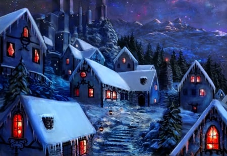 Winter village - winter, houses, evening, village, dark, night, snow, art