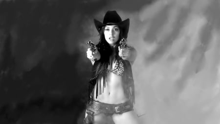 Out Of The Smoke . . - style, girls, western, women, models, pistols, hats, holsters, nra, brunettes, cowgirl, fun, female