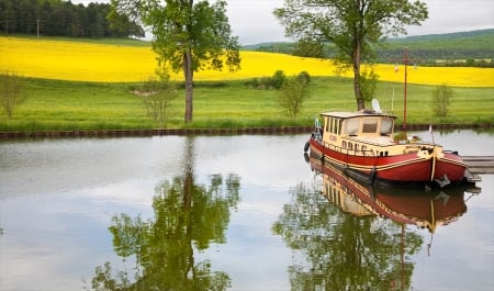 Boat on a River - france, red, river, boat, fields, nature