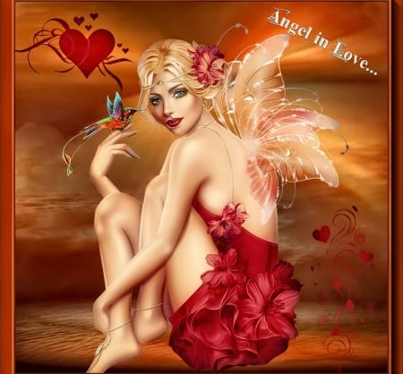 ANGEL IN LOVE - WINGS, HEART, FEMALE, RED, ANGEL, BIRD