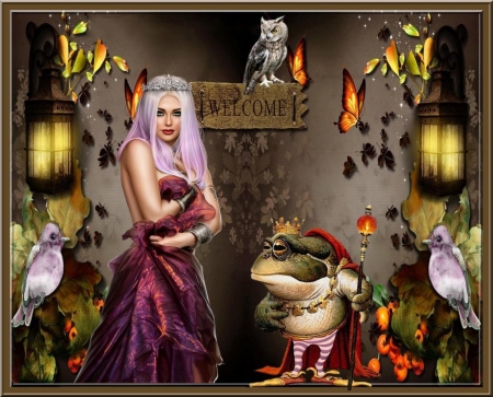 THE FROG PRINCESS - princess, female, frog, birds, butterflies