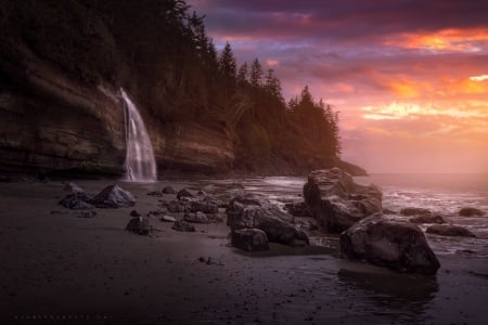 beach sunset - cool, waterfall, fun, beach, sunset, ocean, nature