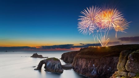 Fireworks near coast - cloud, sky, fireworks, coast, nature