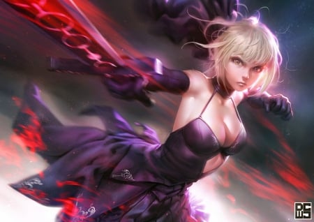 Saber - red, purple, derrick chew, blonde, anime, girl, manga, art, fantasy, saber, luminos