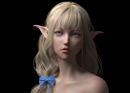 Elf girl - black, blonde, elf, girl, frumusete, haihua xie, blue, bow, fantasy