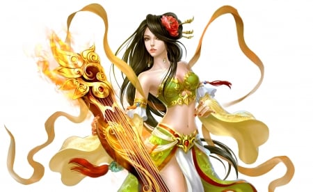 Fantasy girl - fantasy, instrument, game, yellow, girl