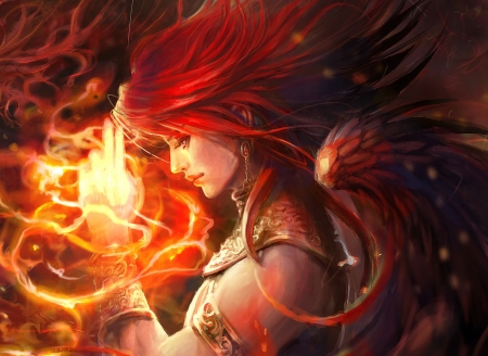 Fire summoner - yellow, girl, orange, fantasy, lana g, redhead, wings, luminos, fire summoner