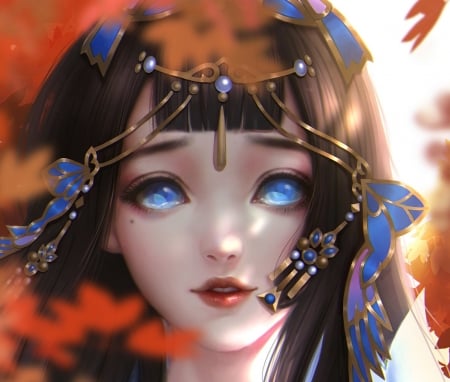 Little general - girl, fantasy, face, art, luminos, blue, orange, julia woo, general, little