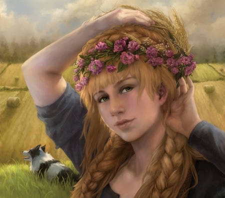 Zodiac ~ Virgo - leanna teneycke, flower, pink, zodiac, blonde, girl, virgo, wreath, art, fantasy, dog