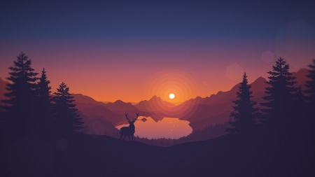 Sunset - silhouette, vector, sunrise, forest, tree, animal, sunset, deer, luminos