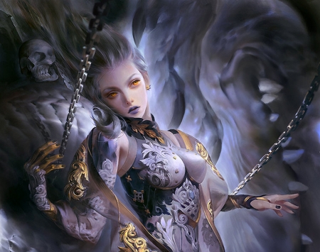 Unchained - demon, fantasy, mingzhu yang, chains, luminos, girl, frumusete