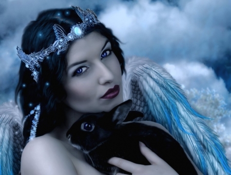 Angel with bunny - animal, girl, blue, wings, rabbit, fantasy, luminos, bunny, angel, paquifg