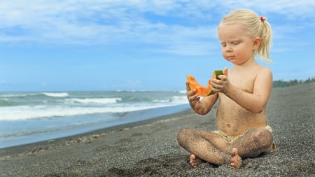 Little girl - dainty, pretty, summer, pink, sand, pure, child, fair, princess, face, nice, bonny, kid, childhood, beauty, baby, Hair, Belle, comely, white, nature, cute, wallpaper, people, beach, blonde, eat, fruit, sit, sky, DesktopNexus, sightly, beautiful, photography, sea, girl, lovely, sweet, little, adorable, feet