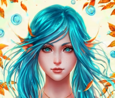 Mermaid - aqua element, elf, girl, summer, riikka, fantasy, face, mermaid, siren, blue, orange, sofia riekkinen