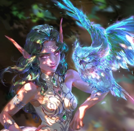 Tyrande - bird, blue, shengyi sun, girl, bufnita, owl, elf, fantasy, pasare, luminos