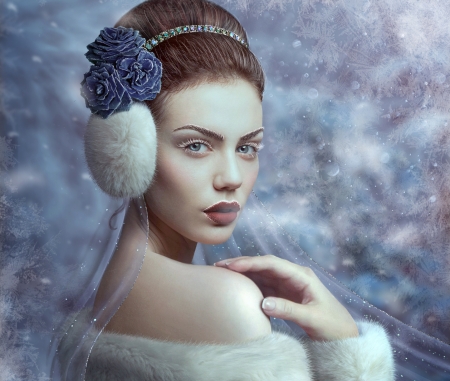 Frozen Rose - winter, simka48, blue, frozen rose, girl, frumusete, fantasy, white, iarna, luminos