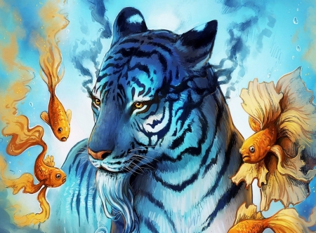 Tiger and fish - summer, fantasy, tiger, orange, luminos, tigru, blue, underwater