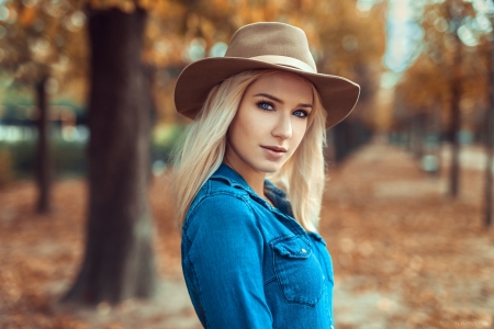 Beauty - cowgirl, lods franck, model, hat, blonde, girl, woman, blue