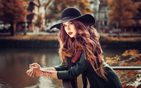 Beauty - woman, redhead, girl, hat, water, black, model, lods franck