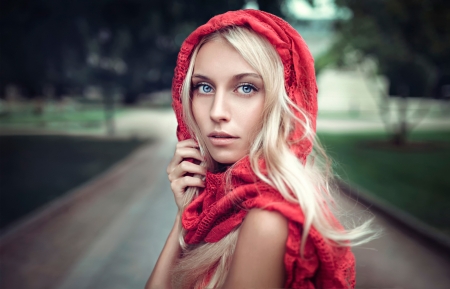 Beauty - hand, scarf, woman, red riding hood, model, girl, blonde, lods franck