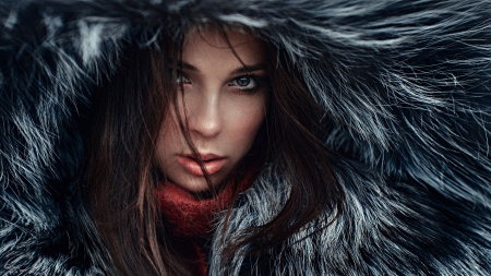 Beauty - fur, winter, woman, hood, model, girl, face, lods franck