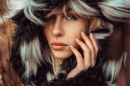 Beauty - woman, face, fur, girl, hand, winter, hood, model