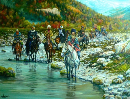 Cossacks - andrey lyakh, cossacks, water, painting, art, horse, man, river, pictura