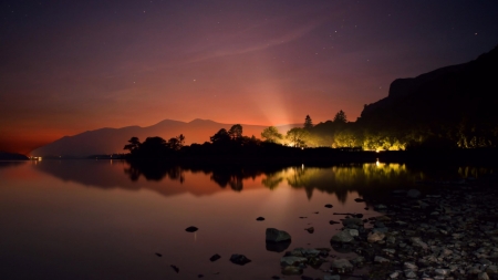 Summer Night on the Shore of Lake - nature, lake, trees, night, summer, mountains, shore