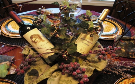 table wine - grapes, wine, plate, bottle, table