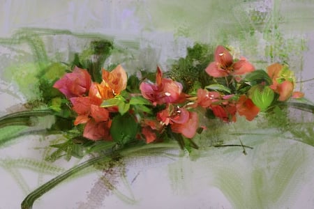 Flowers - red, flower, fantasy, yizheng ke, orange, luminos, art, green