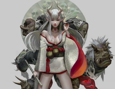 Devil - girl, devil, horns, fantasy, white, red, fish man, art, luminos, demon