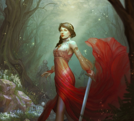 Who rest in forest? - foreat, dress, girl, sword, ina wong, fantasy, red, green, luminos